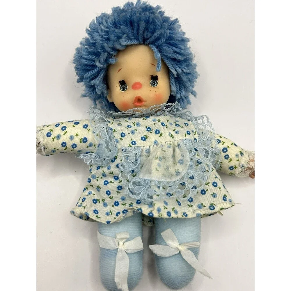 Vintage Cean Toys Doll Blue Yarn Hair 7" Plush Floral Dress Baby Doll 80's - Picture 11 of 15
